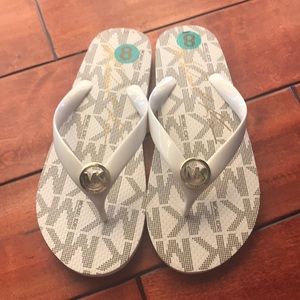 MK Logo Flip Flop Sandals, White, Size 8